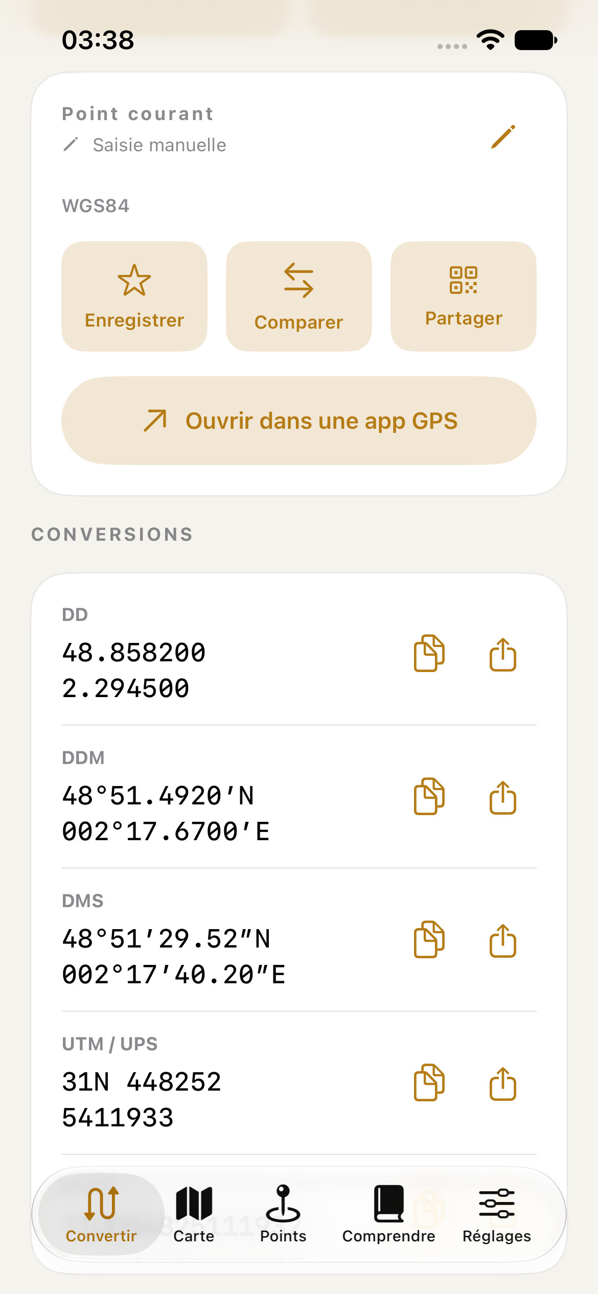 Résultats de conversion des coordonnées