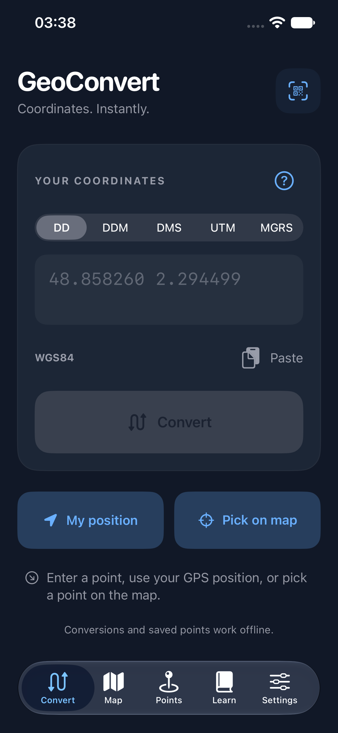 GeoConvert coordinate input screen