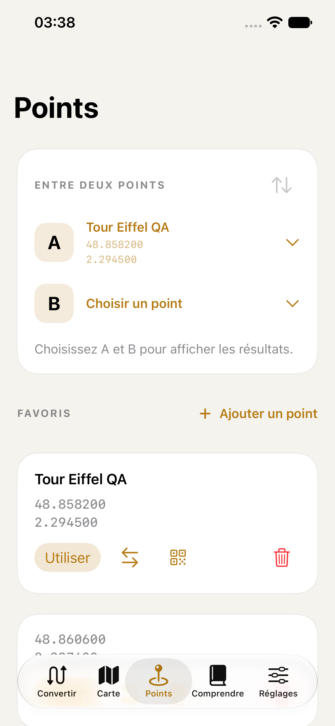 Favoris et comparaison de deux points