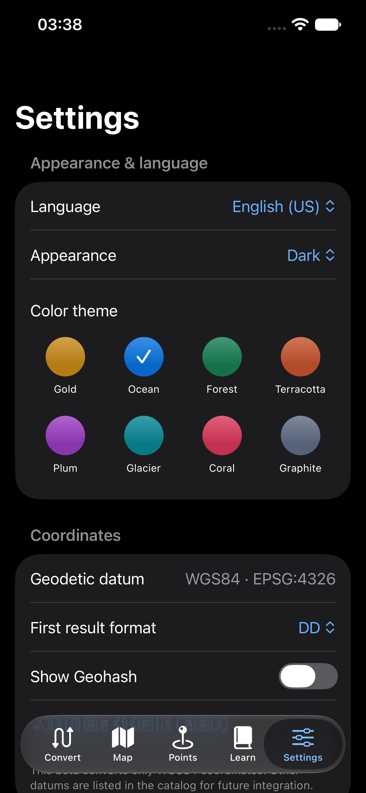 GeoConvert settings screen